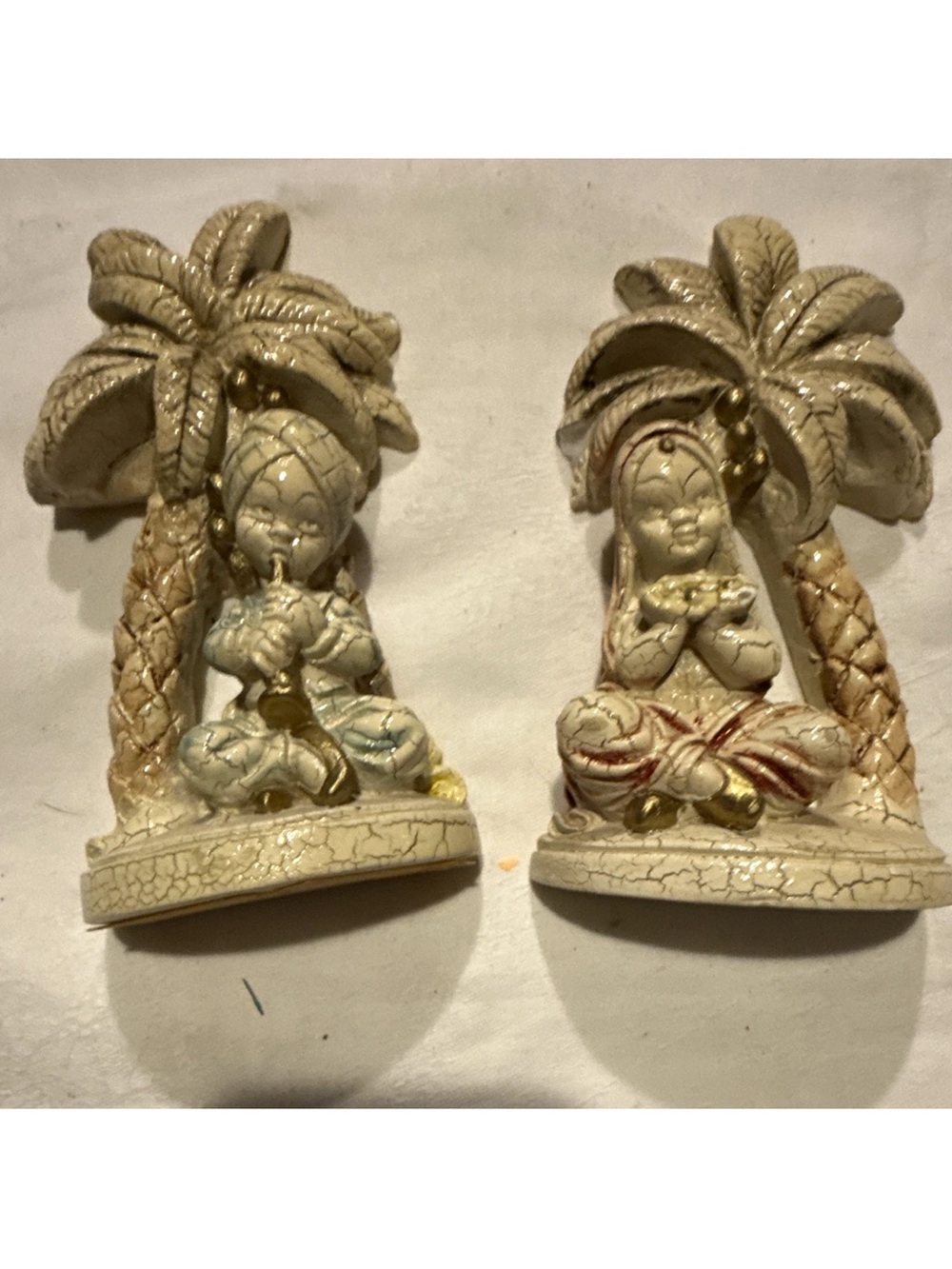 Vintage Chalkware Bookends Musicians Figurines Under Palm Trees Set of 2